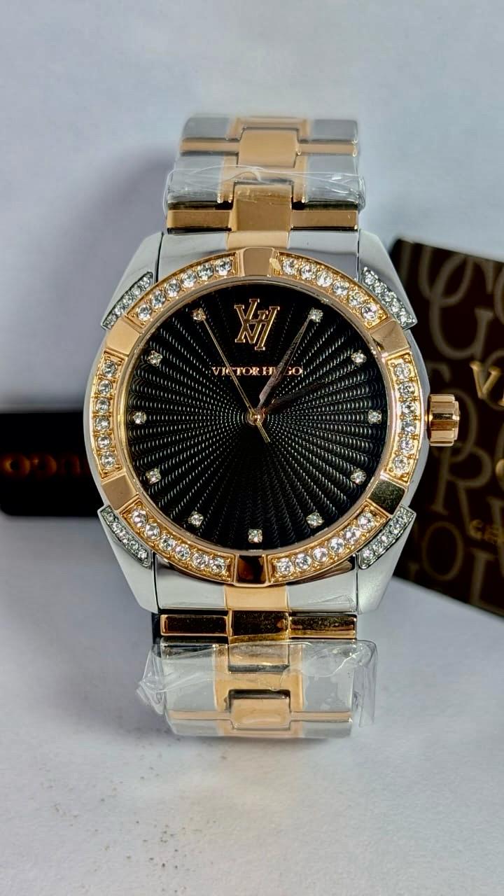 Two Tone Rose Gold Black Diamond Cut Dial