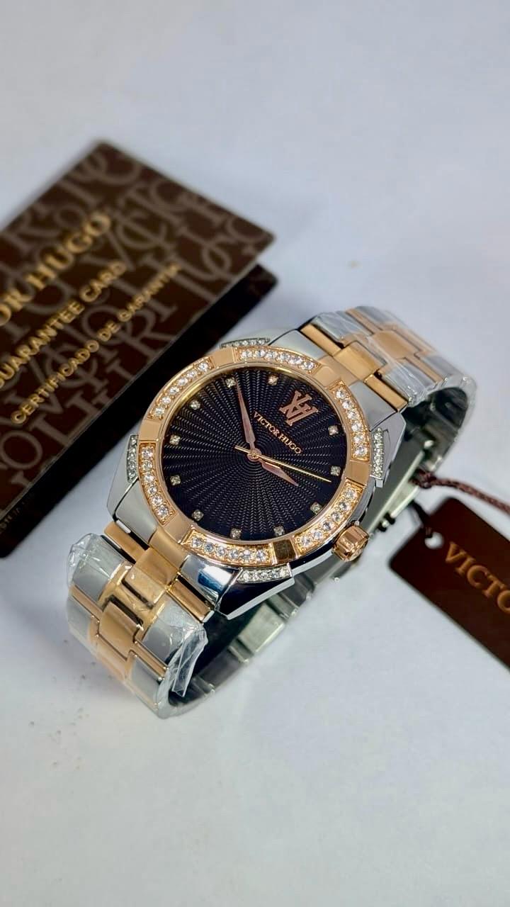 Two Tone Rose Gold Black Diamond Cut Dial